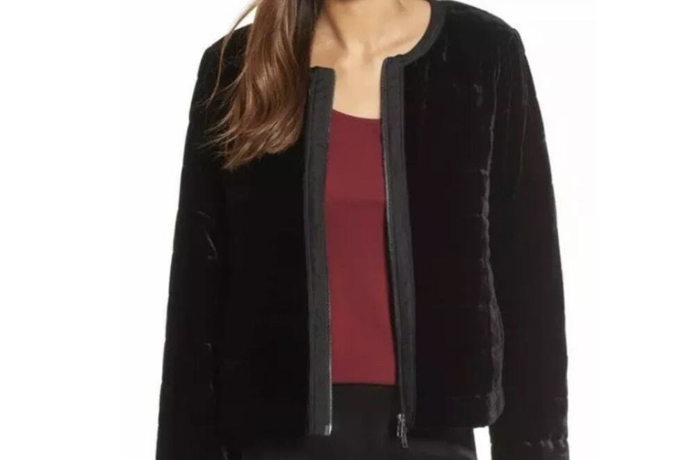 Eileen Fisher Womens Washable Black Velvet Zip Jacket - LG